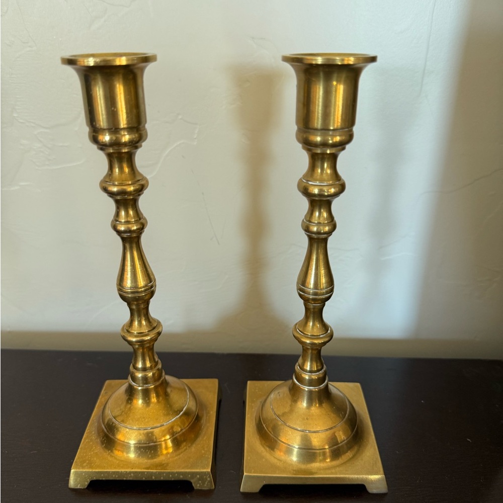 Pair of Vintage Solid‎ Brass Candlesticks Hong Kong 8" Estate Gold Tone